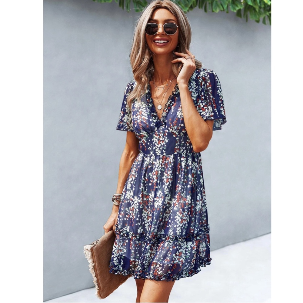 Floral Navy Blue Dress Summer V-Neck Short Mini - Picture 4 of 7